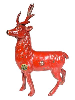 Small Red Reindeer Bank. Made by the Arcade Mfg. Company. Freeport, IL - Ca. 1920's - 6 1/4" 