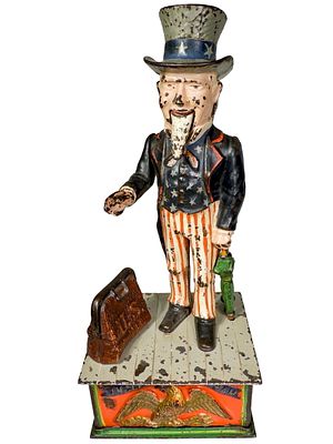 Uncle Sam Cast Iron Mechanical Bank. Shepard Hardware Company. Buffalo, NY. 1890's. 11" Tall x 