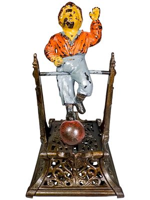 Boy on Trapeze Cast Iron Mechanical Bank. J. Barton Smith Maker. Philadelphia 1890's. 10" Tall x 