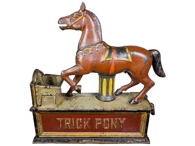 Trick Pony Cast Iron Mechanical Bank. Shepard Hardware Company. Buffalo, NY. 1890's. 8" Tall x 