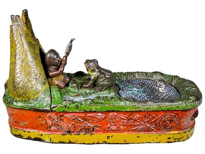 Chief Big Moon Cast Iron Mechanical Bank. Scarce Red Base Version. J. &amp; E. Stevens Company. 