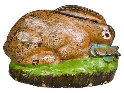 Rabbit in Cabbage Cast Iron Mechanical Bank. Kilgore Mfg. Company. Westerville, OH. 1920's. 2 