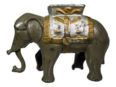Elephant Swings Trunk Cast Iron Bank. Small Version. A.C. Williams Company. Ravenna, OH. 1915. 3 