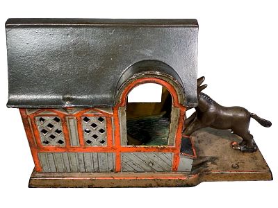Mule Entering Barn Cast Iron Mechanical Bank. Grey Version. J. &amp; E. Stevens Company. 