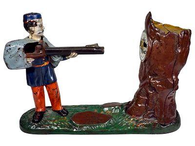 Creedmoor Cast Iron Mechanical Bank. J. &amp; E. Stevens Company. Cromwell, CT. 1880's. 7" Tall 
