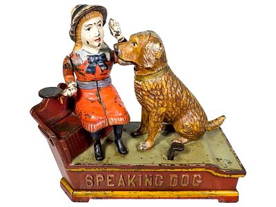 Speaking Dog Cast Iron Mechanical Bank. Red Dress Version. Shepard Hardware Company. Buffalo 