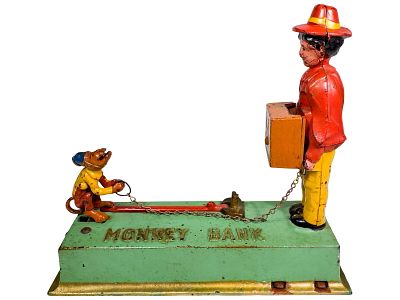 Monkey Cast Iron Mechanical Bank. Hubley Mfg. Company. Lancaster, PA. 1930's. 8" Tall x 9" Wide 