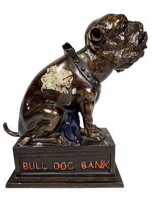 Bulldog Cast Iron Mechanical Bank. Blue Blanket Version. J. &amp; E. Stevens Company. Cromwell 