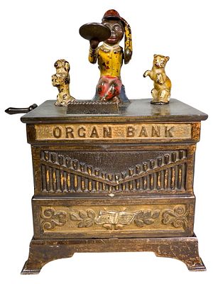 Organ Bank with Cat and Dog. Kyser and Rex Company. Philadelphia 1881. 7" Tall x 5" Wide x 4" 
