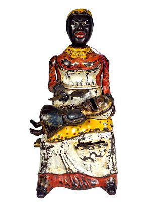 Mammy and Child Cast Iron Mechanical Bank. Red Dress Version. Kyser and Rex Company. 
