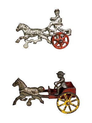 Two Miniature Cast Iron Horse Drawn Road Carts. Made by Hubley Mfg. American 1910's. 4" and 5" 