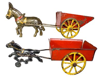 Two Horse Drawn Dump Wagons - Tin and Iron. One Dent / One Wilkins. American 1910's. 6 1/2" and 