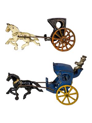 Two Cast Iron Hansom Cabs. One Dent / One Hubley. American 1910's. Each 8" Long. Olshefski 