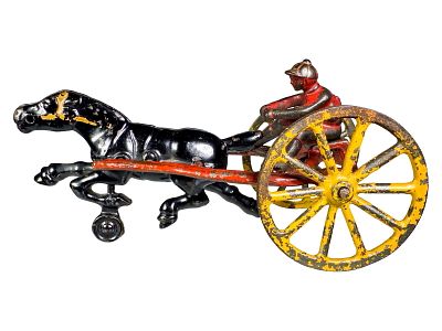Horse Drawn Sulky Cast Iron Toy. Dent Hardware Company. Fullerton, PA. 1910's. 7 1/4" Long x 4" 