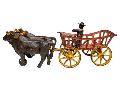 Oxen Drawn Plantation Dray Cast Iron Toy. Dent Hardware Company. Fullerton, PA. 1910's. 6" Tall 
