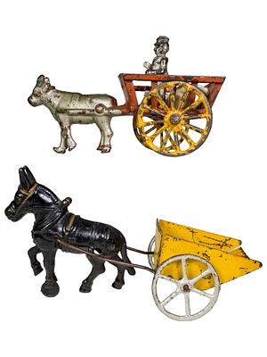 Hay Wagon / Dump Wagon - Cast Iron. One Hubley Mfg and One Dent Hardware. American 1910's. 7" 