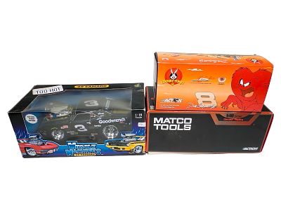 Three Race Car Collectibles. Made in China 2000's - Largest Box 12 1/2"L x 5 1/2"T x 6 1/2"D 