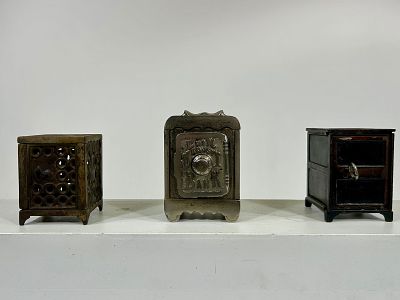 Three Cast Iron Safe Banks. American 1890/1960's - 3 1/4"- 4"Tall Condition: Very Good to Very Fine