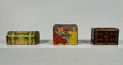 Three Trunk Themed Banks Made of Steel or Wood. American 1920/30's - Longest is 4 1/2" 