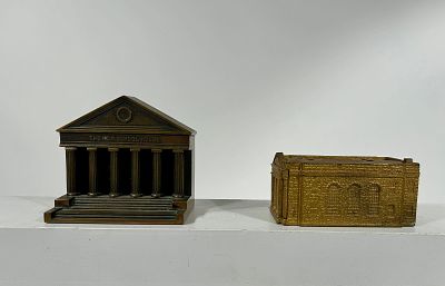 N.C.R. School House Presentation Piece and a Harleysville Bank - One Brass and One Cast Iron. Ame 