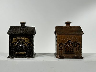 Two Double Door Cast Iron Banks. Grey Iron Casting Company - Pennsylvania 1905 - 5 1/2"T x 4"W x 