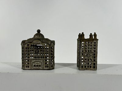 Two City Themed Cast Iron Building Banks. A.C. Williams Co. - Ravenna, OH. 1920 - Both 5"Tall 