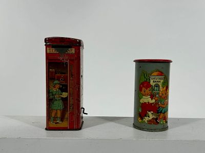Two Tin Still Banks. English 1930's - 5" to 6" Tall Respectively Condition: Fine
