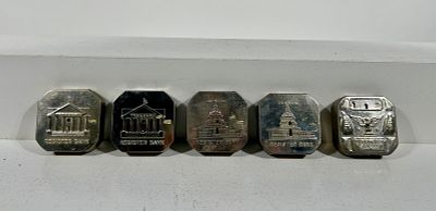 Five Silver Tin Pocket Dime Register Banks. American 1930 to 1950 - 2 1/2"Square Condition: Excellent