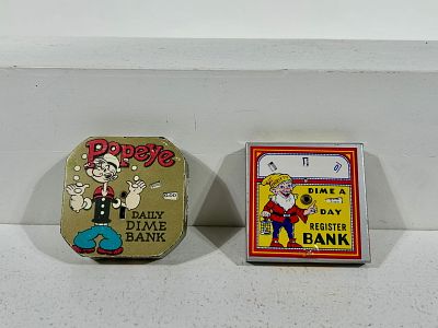 Thrifty Dime and Popeye Tin Pocket Register Banks. American 1930/40's - 2 1/2" Square Condition: 