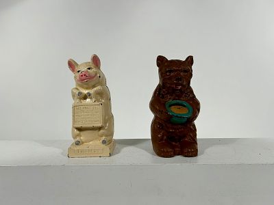 Thrifty Pig and Bear with Honey Pot Cast Iron Still Banks. Hubley Mfg. Co. - Lancaster, PA. 1930 