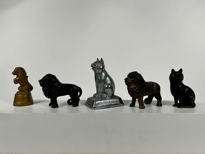 Five Assorted Cat / Lion Cast Iron Still Banks. American 1910/20's - 2 1/2" to 5"Long Condition: 
