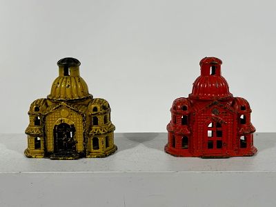 Two Cast Iron Painted Mosque Banks - Very Scarce. A.C. Williams Co. - Ravenna, OH. 1915 - 4 
