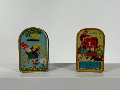 Two European Tin Banks - One a Register Bank. German 1920/30's - 5"Tall x 3 1/2"W Condition: 