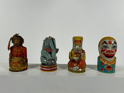 Four Tin Mechanical Banks. By J. Chein and Company - Newark, NJ. 1930/40's - All about 5"Tall 