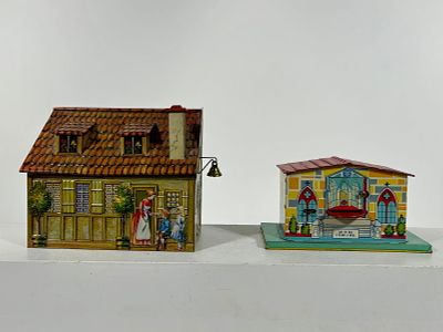 Church and Cottage Tin Still Banks. American / European 1940's - Each 6 1/2"Long Condition: Very Fine