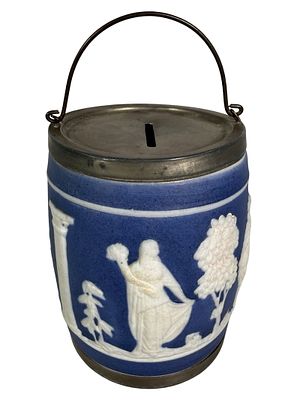 Jasperware Barrel Bank. Wedgwood Style - Rare. With Tin Top and Trap. German - 1910's. 