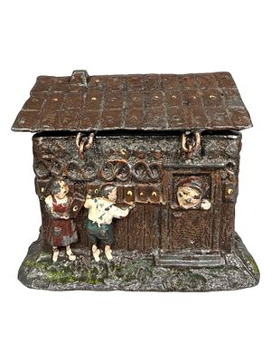 Hansel and Gretel at the Witch's Cottage. A German Spelter Bank. Germany - Circa 1910's. 