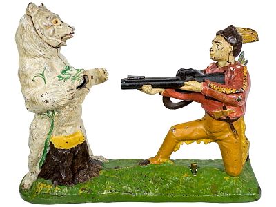 Indian and White Bear - Cast Iron Mechanical Bank. J. &amp; E. Stevens Company - Cromwell, CT. 