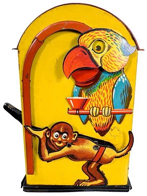 Monkey and Parrot - Tin Mechanical Bank. Made by Saalheimer and Strauss - German 1930. 6 1/2" 