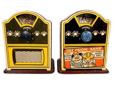 Two Television Banks. Unknown Maker - American 1950's. 4 3/4" Tall x 4" Wide x 3" Deep. The 