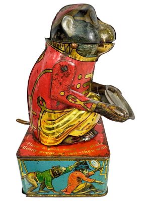 Monkey Tips Tray - Tin Mechanical Bank - Uniformed Version. Made by Saalheimer and Strauss - 