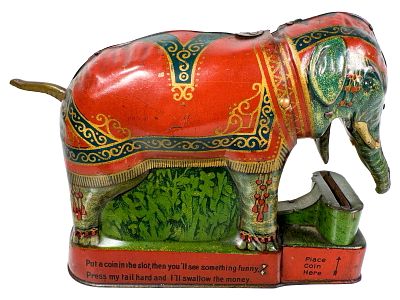 Royal Trick Elephant with Verse - Tin Mechanical Bank. Made by Saalheimer and Strauss - Germany 