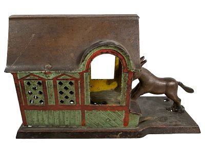 Mule and Barn, Green - Cast Iron Mechanical Bank. J. &amp; E. Stevens Company - Cromwell, CT. 