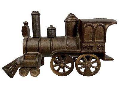 Safety Locomotive - Cast Iron Mechanical Bank. American 1887. 6" Long x 3 1/2" Tall x 2" Deep. 