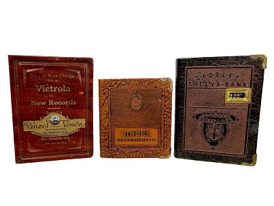 Crosley Radio, Singer Sewing Machine & Victrola Book Banks. American 1920/30's. 4 1/8" Tall x 3 