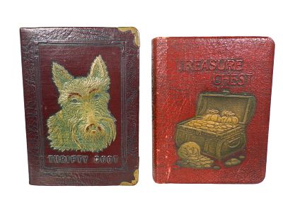 Treasure Chest & "Thrifty Scot" Book Banks. American 1930's. 4 1/4" Tall x 3" Wide. The Peirce 