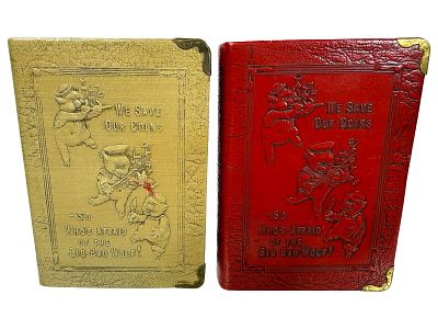 Three Little Pigs Book Banks - Tan and Red. American 1930's. 4 1/4" Tall x 3" Wide. The Peirce 