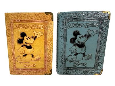 Mickey Mouse Book Banks - Yellow and Blue. American 1930's. 4 1/4" Tall x 3" Wide. The Peirce 