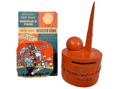 1939 World's Fair Bank and 1964-1965 Pocket Dime Register. American 1939 / 1964. Taller is 5 