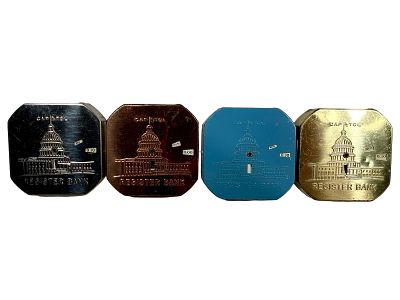 Four Capitol Pocket Dime Register Banks - Silver, Gold, Copper, Blue. American 1940/50's. 2 3/4" 